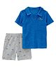 Carter's Half Sleeves Polo T-Shirt & Shorts Set with Sea Waves Print - Blue & Grey