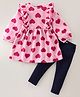 CrayonFlakes Full Sleeves Hearts  Printed  & Frill Detailed Polar Fleece Dress Cotton Leggings Set - Pink