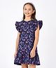 Primo Gino Woven Half Frill Sleeves Floral Printed Jacquard Frock - Blue