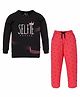 3PIN Full Sleeves Selfie Text Printed Tee With Ladybugs Printed Joggers - Black & Pink