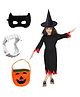 Kaku Fancy Dresses Halloween Witch Black & Red Costume With Hat, Teeth, Mask & Pumpkin Bag Set For Kids - Black