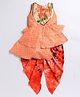 M'andy Sleeveless Placement Floral Printed & Chevron Designed Asymmetrical Kurta With Tie Dye Dhoti - Orange