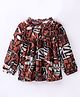 Hugsntugs Full Sleeve Seamless Alphabets Printed & Swiss Dobby Work Detailed & Lurex Striped Ruffled Top - Brown