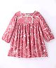 Hugsntugs Full Sleeves Seamless Abstract Floral Printed & Lace Embellished Flared Dress - Coral Peach