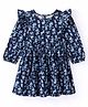 Hugsntugs Full Sleeves Seamless Ditsy Floral Printed & Frill Detailed Fit & Flare Dress - Navy Blue