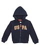 US Polo Assn Full Sleeves Hooded Sweatjacket with Kangaroo Pockets & Logo Print - Navy