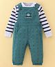 Simply Premium Cotton Full Sleeves Inner T-Shirt & Dungaree Set With Text Embroidery - Green & White