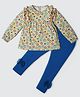 Nino Togs 100% Cotton Full Sleeves Circle Printed Peplum Style Top & Bow Applique Detailed Leggings - Light Yellow & Blue