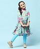 BIBA Three Fourth Sleeves Floral Printed & Gota Lace Embellished Tiered Kurta With Leggings & Dupatta - Turquoise Blue