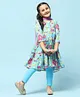 BIBA Three Fourth Sleeves Floral Printed & Gota Lace Embellished Tiered Kurta With Leggings & Dupatta - Turquoise Blue