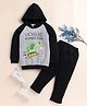 Little Marine Raglan Full Sleeves Dinosaur Research Team Printed Hooded Sweatshirt With Track Pant - Grey & Navy Blue