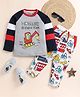 Little Marine Raglan Full Sleeves Dinosaur Research Team Printed Tee With Vehicles Printed Track Pant - Grey