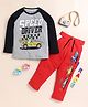 Little Marine Raglan Full Sleeves Racer Car Theme Printed Coordinating Track Pant Set - Grey & Red