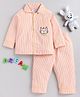 M'andy Full Sleeves Pin Striped Placement Cat Face  Embroidered Night Suit - Orange
