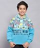 Monte Carlo Full Sleeves Abstract Typography Printed   Hooded Sweatshirt - Turquoise Blue