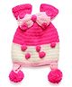 MayRa Knits Bow & Pom Pom Detailed Colour Blocked Hand Knitted Cap - Pink