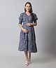 Moms Maternity Half Sleeves Seamless Floral Swirl Printed Maternity Dress With Concealed Zipper Nursing Access - Blue