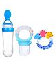 Kritiu Combo of Silicone Squeezy Food Feeder Bottle With Spoon Rattle Teether and Silicone Rattle Fruit & Food Nibbler - Blue