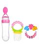 Kritiu Combo of Silicone Squeezy Food Feeder Bottle With Spoon Rattle Teether and Silicone Rattle Fruit & Food Nibbler - Pink