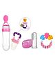 Kritiu Combo of Silicone Squeezy Food Feeder Bottle With Spoon Rattle Teether Soft Silicone Finger Toothbrush and Silicone Rattle Fruit And Food Nibbler - Pink