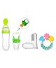 Kritiu Combo of Silicone Squeezy Food Feeder Bottle With Spoon Rattle Teether Soft Silicone Finger Toothbrush and Silicone Rattle Fruit And Food Nibbler - Green