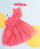 Pantaloons Junior One Shoulder Floral Applique & Beads Embellished Ruffle Detailed Fit & Flare Dress With Headband - Coral Pink