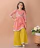 Lilpicks Couture Three Fourth Sleeves Seamless Jaipuri Flower Motif Printed & Gota Patti Embellished Empire Kurta With Sharara Set - Peach