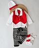 Woonie Full Sleeves Striped & Colour Block Detailed Hand Knitted Collared Sweater with Pants Cap And Socks - White