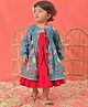 Vastramay Full Sleeves Solid Dress With Floral  Printed & Gota Lace Embellished  Jacket - Red And Aqua Blue
