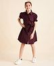 Cherry & Jerry Half Sleeves Colour Blocked With Bow Belt Detailed Shirt Style Dress - Burgundy