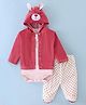 Wonderchild Full Sleeves Bunny Detailed Jacket With Tee & Polka Dot Printed Footed Pajama - Cherry Red
