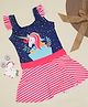 Yellow Bee Frill Sleeves Placement Unicorn Printed & Candy Striped Swimsuit Dress - Navy Blue & Pink