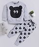 TOONYPORT Full Sleeves Cartoon Face Animal Printed Looper Knitted Sweatshirt & Joggers Set - Grey & Black