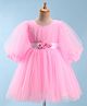 Bluebell Three Fourth Sleeves Net DC Party Frock With Floral Applique - Pink