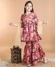 Aww Hunnie Three Fourth Sleeves Floral Printed Peplum Kurta With Sharara And Net Dupatta - Maroon