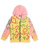 Earth Conscious Full Sleeves Colour Blocked & Text Printed Looper Knit Bomper Style Hooded Sweat Jacket - Yellow & Pink