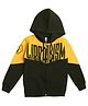 Earth Conscious Fleece Full Sleeves Colour Blocked & Text Printed Hooded Jacket - Golden Yellow &  Olive Green