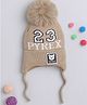 TMW Kids Numbers & Bear Patch Detailed With Pom Pom Drawstring Woollen Cap - Brown