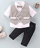 Mom's pet Full Sleeves Striped Waistcoat And Pant With Shirt & Attached Bow   - Grey
