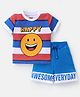 Babyhug Single Jersey Knit Half Sleeves T-Shirt And Shorts Set Stripes & Emoji Print - Red White & Blue