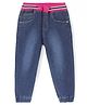 Babyhug Full Length Denim Washed Joggers with Bow Detailing - Dark Blue