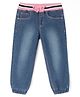 Babyhug Full Length Denim Washed Joggers with Bow Detailing - Medium Blue