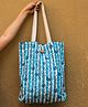 Rustic Blends Block Printed Shopping Tote Bag having Flowers With Stripes in Blue