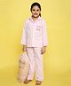 Knitting Doodles Pure Cotton Yarn Dyed Placement Text Embroidered & Pencil Striped Night Suit - White And Pink