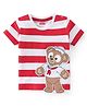 Babyhug 100% Cotton Knit Half Sleeves T-Shirt With Stripes & Bear Applique - Red & White