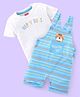 Babyhug 100% Cotton Knit Dungaree & Half Sleeves T-Shirt Set Text Print With Striped - Blue & White