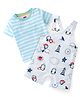 Babyhug 100% Cotton Knit Dungaree & Half Sleeves T-Shirt Set With Penguin Print - Blue & Grey