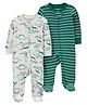 Carter's Full Sleeves Sleepsuits With Stripes & Dino Print Pack Of 2 - Green