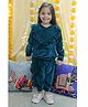 BownBee Winter Wear Full Sleeves Solid Frill Detailed Velvet Co Ord Set - Teal Blue