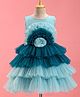 Bluebell Net Woven Sleeveless Layered Party Frock with Floral Applique - Blue